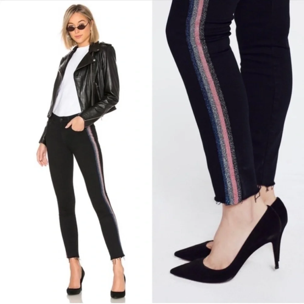 Mother High Waisted Looker Ankle Fray Black Guilty Glitter Racer Stripe Jeans 26